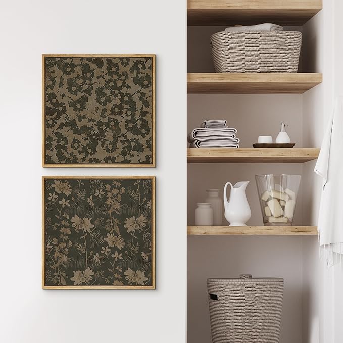 SIGNFORD Framed Canvas Print Wall Art Set Botanical Floral Rustic Beige Flowers Modern Art Nordic Relax/Calm for Living Room, Bedroom, Office - 16"x16"x2 Natural
