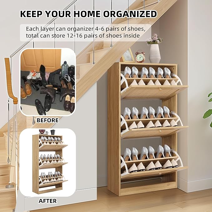Finnhomy 3 Tier Shoe Cabinet with Natural Rattan Flip Drawers for Entryway, Free Standing Slim Shoe Storage Organizer with Large Top Board, Shoe Cabinet with Adjustable Width Drawers, Natural