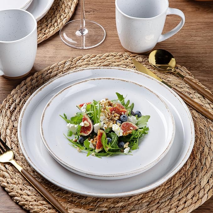 AmorArc Dinnerware Sets for 6, 24 Pieces Plates and Bowls Set with24 Handbrush Rim, Scratch Resistant Stoneware Dishes Set, Dishwasher & Microwave Safe, White