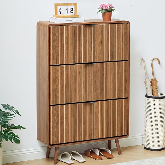 FurSch Fluted 47 Inch Tall Shoe Cabinet with 3 Flip Drawers, Narrow Hidden Shoe Storage Organizer Rack for Entryway Hallway (All Walnut)