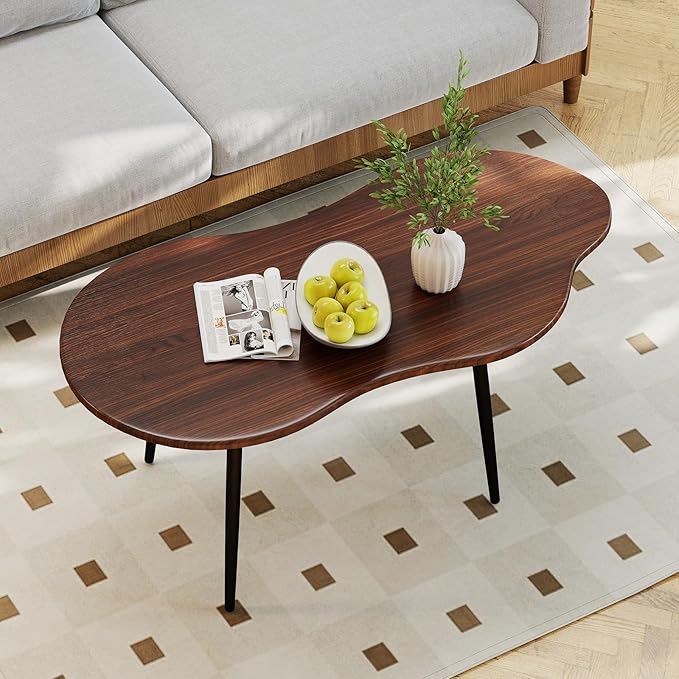 Giantex Small Coffee Table, 39.5" Cloud Center Table with Metal Frame, Unique Irregular Accent Cocktail Tea Table, Modern Wood Coffee Table for Living Room, Small Spaces (Walnut)