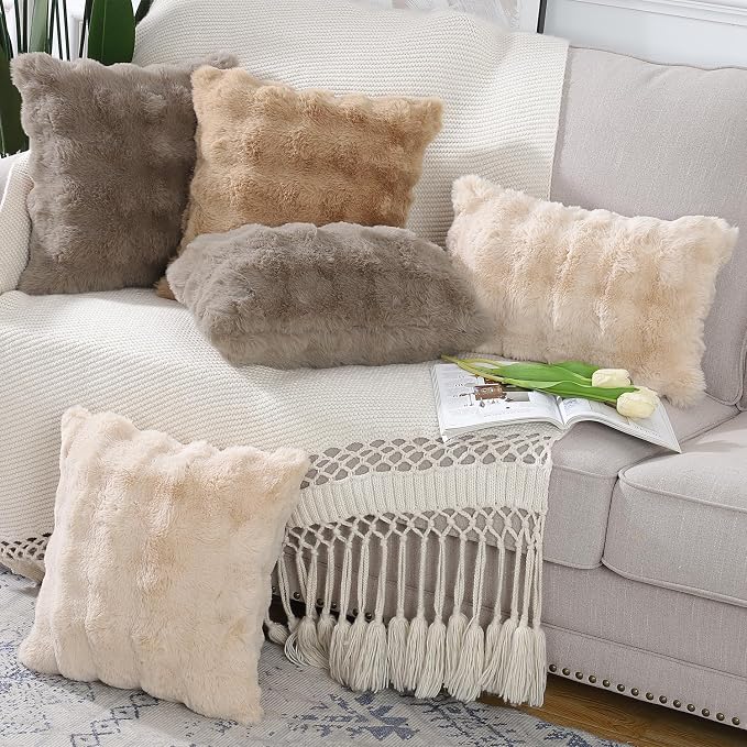 MADIZZ Pack of 2 Thick Plush Faux Wool Throw Pillow Covers Soft Boho Throw Pillows Luxurious Cushion Covers for Couch Sofa Bedroom Living Room Home Decor Euro Sham 24x24 Inch Taupe