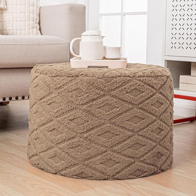 Fluffy Round Ottoman Pouf with All-in-One Foam Filling 20" x 14" Furry Ottoman Foot Rest Foot Stool for Living Room or Bedroom (Light Coffee)