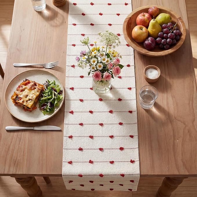 Artoid Mode Red Boho Farmhouse Cotton Woven Table Runner, Seasonal Christmas Kitchen Dining Table Decoration for Home Party Decor 12x36 Inch