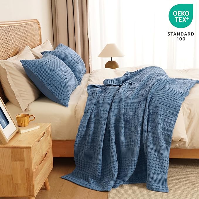 PHF 100% Cotton Waffle Weave Throw Blanket, Soft Lightweight Breathable Cozy Throws for Couch Bed Sofa, Luxury Aesthetic Blanket Gift for Home Decor & Office, 50"x60", Denim Blue