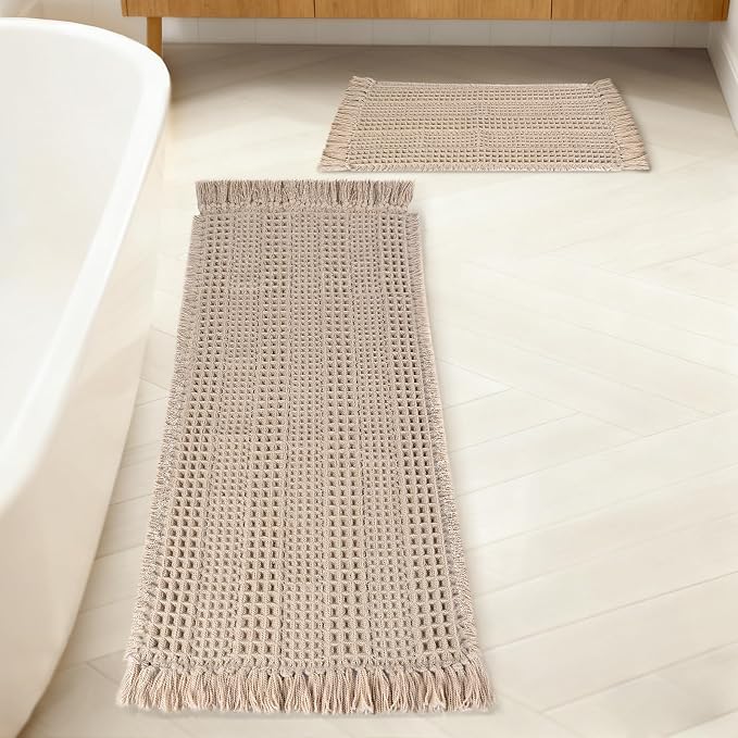 Waffle Bath Mat Set of 2, Absorbent Waffle Bathroom Rug with Tassels, Non Slip Bath Mats for Bathroom Floor, Ultra Soft Boho Bath Mat, Quick Dry Shower Mat, Machine Washable, 17"×24" & 20"×47", Khaki
