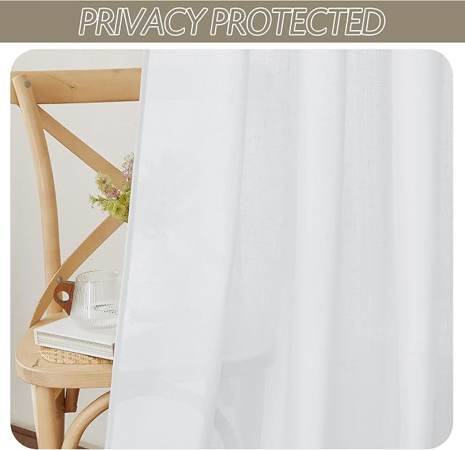 RYB HOME Linen Sheer Curtains 2 Panels for Living Room, Semi Transparent Privacy Drapes with Rod Pocket Farmhouse Style Window Treatments for Bedroom, White, 52" W x 108" L