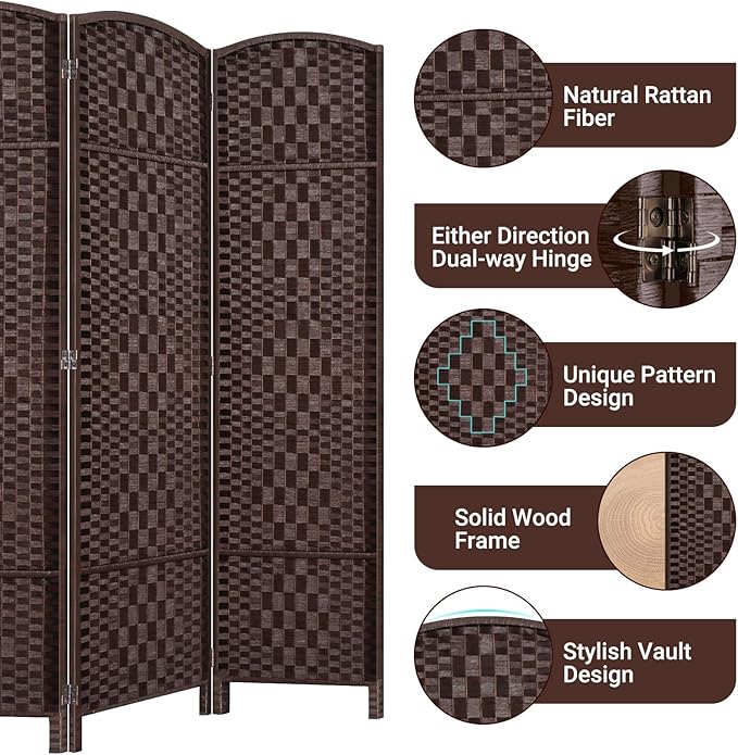 HALLYBEE Room Divider, Room Dividers and Folding Privacy Screens, 16in Privacy Screen, 4 Panel Temporary Wall Partitions, 6ft Space Separation Panel Screen, Brown