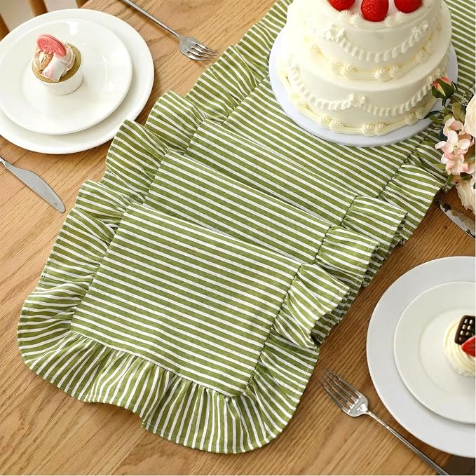 Green Stripe Ruffled Table Runner 72 Inches Long Scalloped Table Runner Rustic Cotton Tabletop Farmhouse Decor for Baby Shower Bride Shower Birthday Party Holiday Wedding