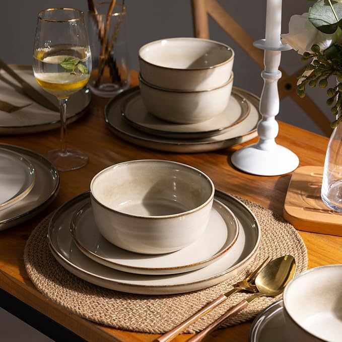 GBHOME Ceramic Dinnerware Sets for 6, 18 Pieces Stoneware Plates and Bowls Sets, Scratch Resistant Dishes, Dishwasher & Microwave Safe, Reactive Glaze-Cappuccino