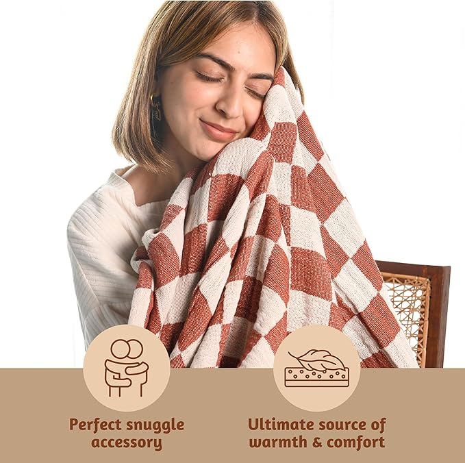 Folkulture Throw Blanket for Couch 50" x 60" | Cotton, Lightweight & Breathable Summer Blanket for Chair, Couch, Bed | Rust Comfort Throw Blankets for Living Room, Summer Must Haves, Graduation Gift
