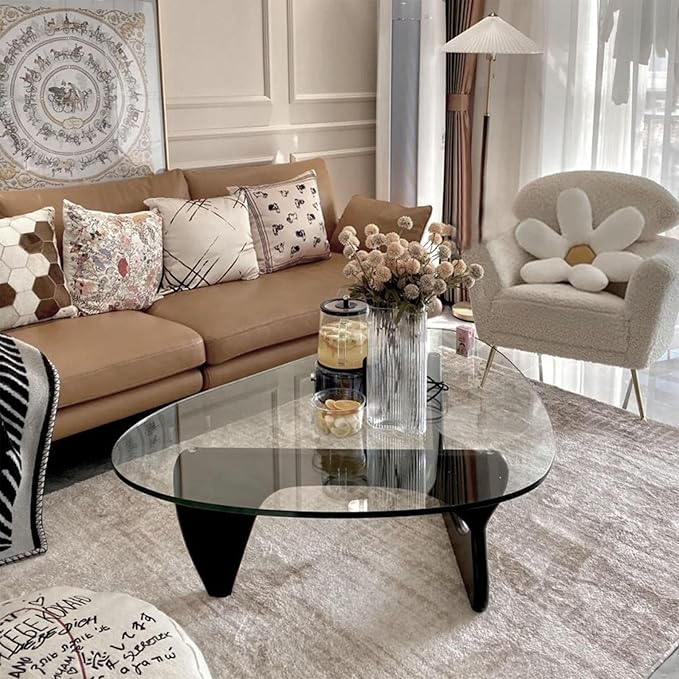 35.5″ Mid Century Modern Coffee Table, Unique Glass Coffee Tables for Living Room, Walnut Triangle Glass Top Center Tables with Wooden Base for Home Office Hotel