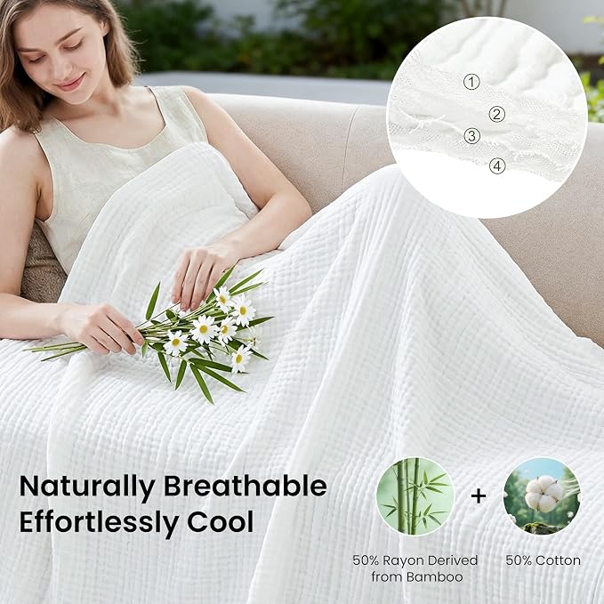 Love's cabin Cooling Muslin Blanket Queen Size, 50% Rayon Derived from Bamboo, 50% Cotton, 4-Layer Lightweight Breathable Summer Gauze Blanket for Bed, Soft for Hot Sleepers and Kids, 90"x90", White