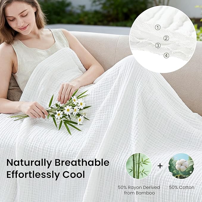 Love's cabin Cooling Muslin Blanket King Size, 50% Rayon Derived from Bamboo, 50% Cotton, 4-Layer Lightweight Breathable Summer Gauze Blanket for Bed, Soft for Hot Sleepers and Kids, 108"x90", White