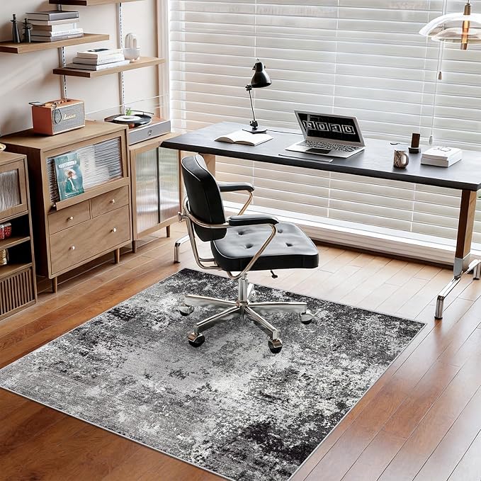 5x5 Rug Square for Living Room – Machine Washable Non-Slip Area Rug for Kitchen Entryway Bathroom – Modern Neutral Abstract Soft 5ft Indoor Carpet (Black Grey, 5x5)