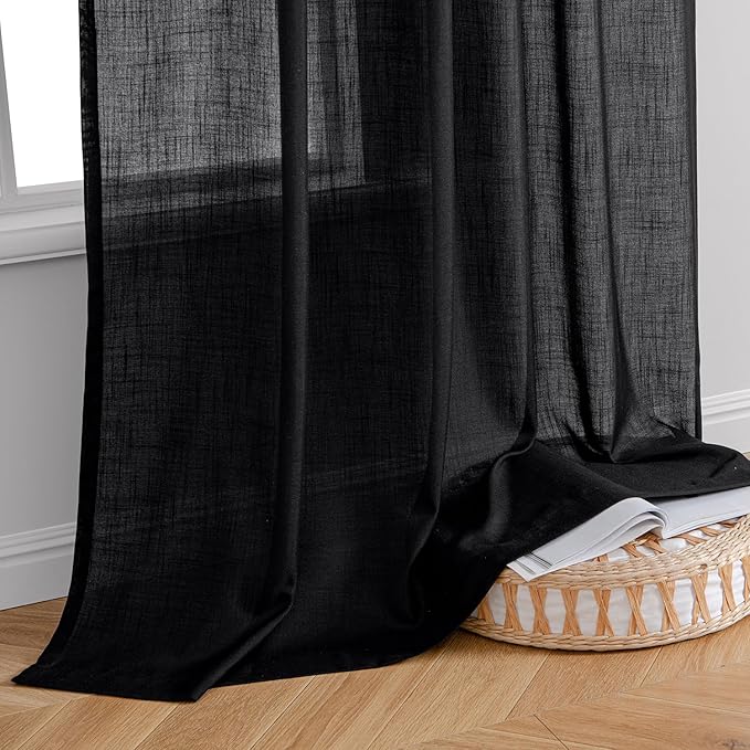 MIULEE Black Linen Curtains 90 Inch Length 2 Panels for Bedroom Living Room, Soft Thick Linen Textured Back Tab Window Drapes Semi Sheer Light Filtering Rod Pocket Modern Farmhouse Halloween Decor