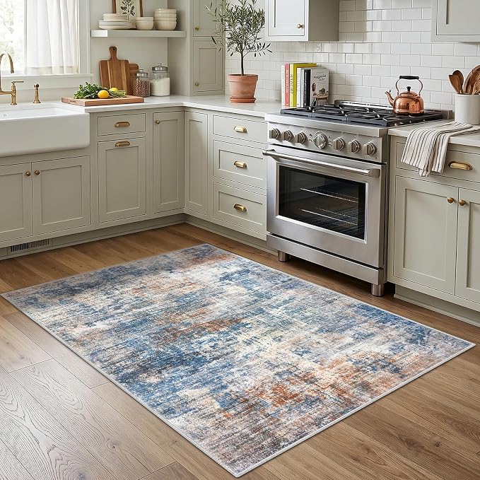 IOHOUZE Abstract Area Rug 4x5 Ft Washable Rugs for Entryway Indoor, Non Slip Small Living Room Rugs Printed Faux Wool Throw Rug, Floor Carpet for Kitchen Nursery Playroom, Blue Rust