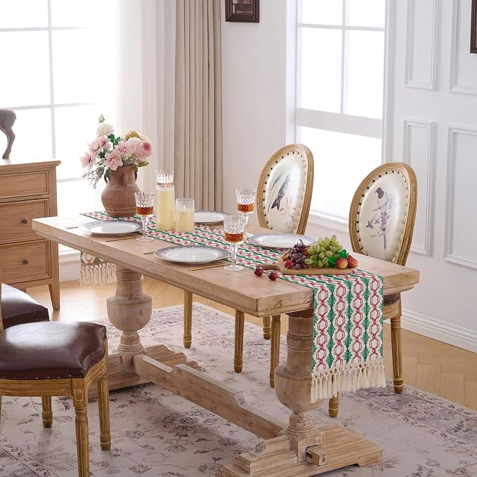 Fancy Homi Christmas Boho Cotton Polyester Table Runner 90 Inches Long, Farmhouse Macrame Table Runners with Tassels for Home Party Bohemian Rustic Bridal Shower Kitchen Dining Decor 12x90 Inches