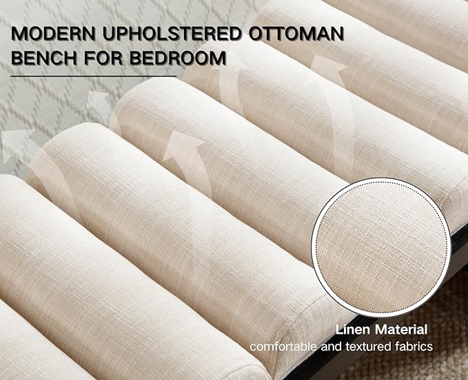 CIMOTA Modern Bedroom Bench, 47 Inch Upholstered End of Bed Bench Padded Entryway Bench with Cylindrical Cushion/Black Wood Legs, Wooden Window Bench for Living Room/Hallway, Linen Beige