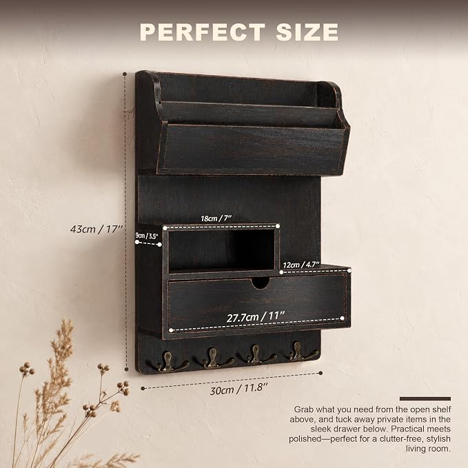 Rebee Vision Pine Wood Key Holder Wall Mount with Drawer Organizer - Farmhouse Key Holder for Wall with Mail Slot & 4 Hooks - Perfect Envelope Holder for Home Decor (Distressed Black)