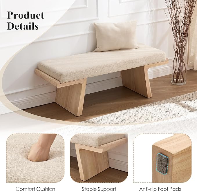 47.2’’ Bed Bench, Modern Upholstered Living Room Bench with Solid Wood Legs, Wooden Shoe Bench with Floating Design, Linen Fabric Dining Bench for Kitchen, Entryway (Beige/Natural)