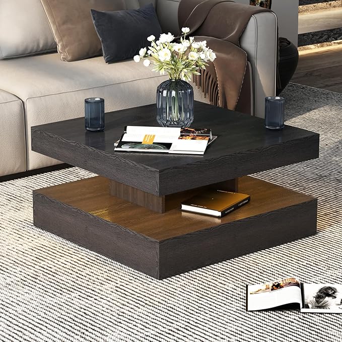 HedoAjim Black Led Coffee Table for Living Room, Square Living Room Table with Storage, Wooden Center Table Modern High Glossy Coffee Tables with 16 Colors LED Lights for Dining Room