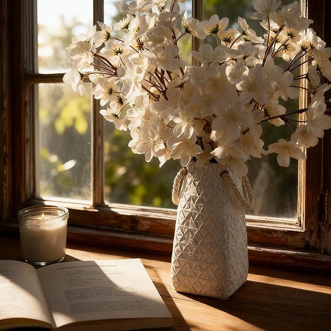 Vaseking Elegant White Petite Vase, 7 inch Ceramic Modern Minimalism Geometric Texture Purse Vase with Hanging Rope, Creative Tote Bag Vases for Home Decor, Living Room, Wedding, Bookshelf Decor
