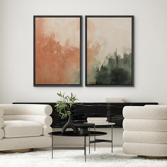 SIGNWIN Framed Canvas Print Wall Art Set Color Fade Abstract Landscape Earthy Terracotta and Forest Green Illustrations Modern Minimal Decorative for Living Room, Bedroom, Office - 16"x24"x2 Black