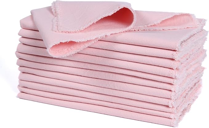 Palisa Premium Cotton Dinner Napkins Set of 12 | Pink Frayed Edge Rustic Farmhouse Table Linen | Soft Washable Long Lasting Durable Cloth Serviettes for Wedding Dining Decor 18x18 Inch