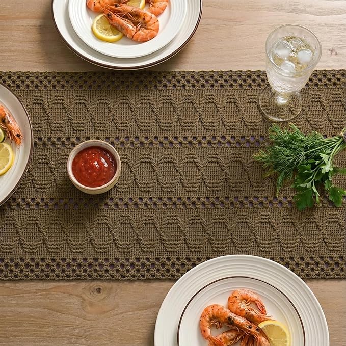 Artoid Mode Light Coffee Farmhouse Woven Rustic Hollow Table Runner, Seasonal Holiday Hollow Kitchen Dining Table Decoration for Home Party Decor 12x108 Inch