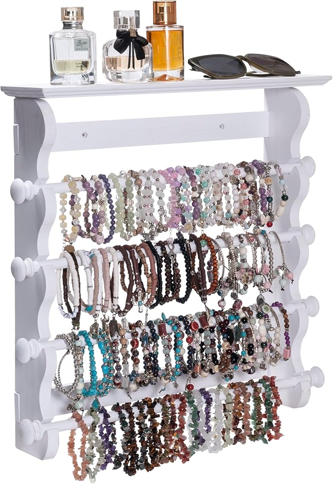 4-Tier Wall-Mounted Wooden Bracelet Holder – Elegant White Jewelry Display Rack with Top Shelf for Perfume, Sunglasses & Accessories – Hanging Organizer for Bracelets, Bangles, Watches & Necklaces