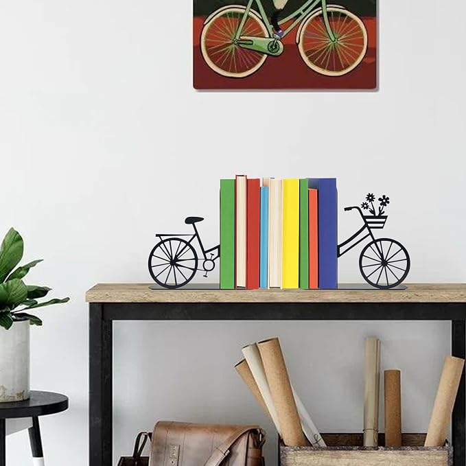 Bicycle Bookends Metal Bike Decor Bicycle Book Ends for Shelves Bookshelf Decorative Objects Home Office Desk Gifts for Family（Black）