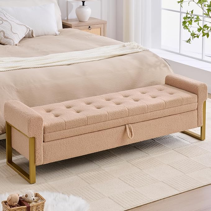 67" End of Bed Storage Bench King Size, Bench for Bedroom Foot of Bed, Upholstered Storage Ottoman with Gold Legs for Window Living Room, Teddy Camel