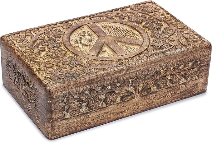 Ajuny Wooden Hand Carved Decorative Jewelry Box Peace Design Carvings Vintage Keepsake Storage Organizer Travel Treasure Chest Trinket Holder Case Great Gifts 8x5 Inch