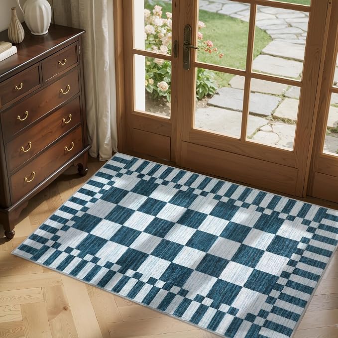 GarveeHome Blue and White Checkered Rug 2x3 Washable Rug Non-Slip for Entryway, Soft Low-Pile Small Area Rugs, Modern Geometric Rugs for Kitchen