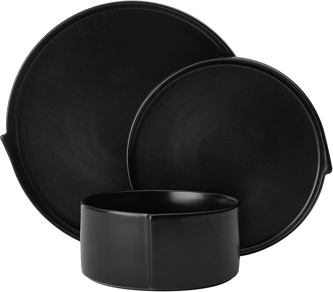 Pfaltzgraff Contemporary Edge 12 Piece Stoneware Dinnerware Set, Service for 4, Plate and Bowls with High Rims for Everyday use, Black