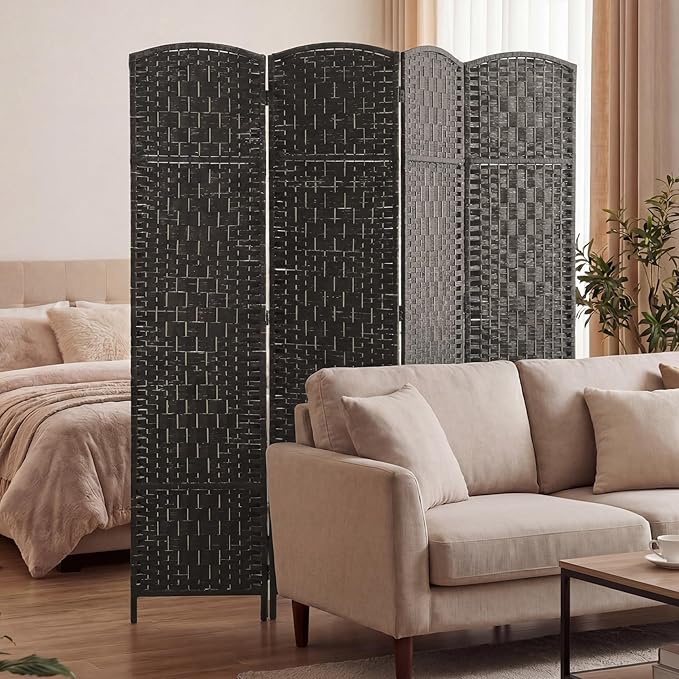 HOMCOM Room Divider 4 Panel, 6FT Tall Folding Privacy Screen, Freestanding Hand-Woven Partition for Room Separation with 360° Hinges, Paper Rope Diamond Weave, Coffee