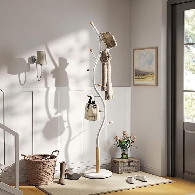 Roundhill Furniture Arles Metal Whtie and Oak Standing Coat Rack