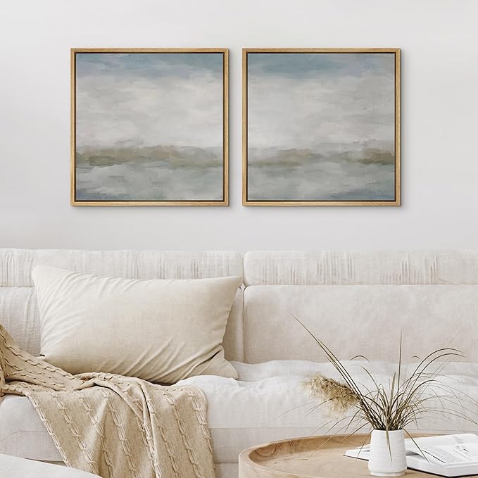 SIGNFORD Framed Canvas Print Wall Art Set Abstract Landscape Serene Illustrations Modern Art Minimal Relax/Calm for Living Room, Bedroom, Office - 24"x24"x2 Natural