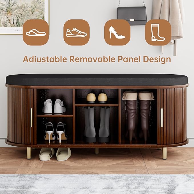 DHH 2-Tier Storage Bench,Wide Shoe Bench with Thickened Padded Seat Cushion, Mid Century Modern Fluted Sliding Door and Adjustable Shelf, for Entryway, Living Room, Bedroom (Walnut, 43.3“)