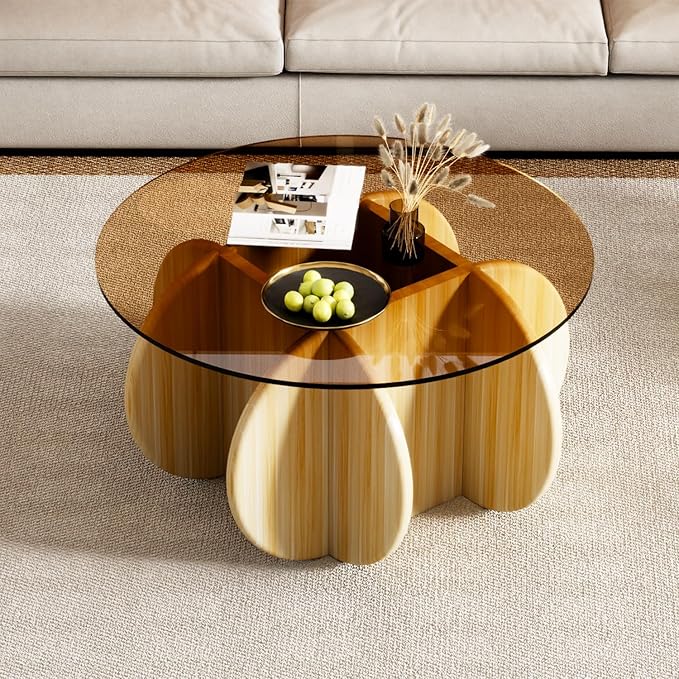 31.5'' Round Coffee Table with Tempered Glass Top, Modern Center Table for Small Spaces - Sturdy Walnut Board Frame, Simple Design for Living Room, Home, Office - Easy Assembly. (Walnut + Brown)