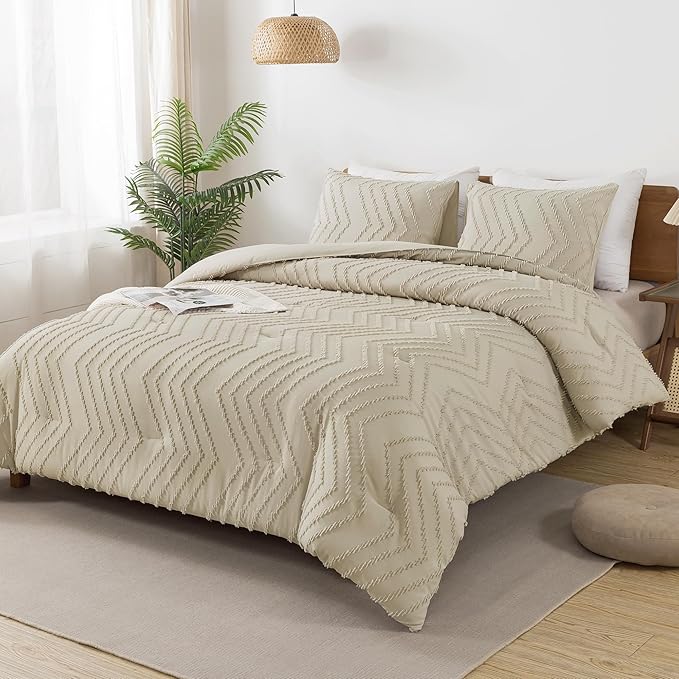 Andency Light Khaki California King Comforter Set, Boho Cal King Soft Warm Tufted Neutral Bedding Comforter Sets, 3 Pieces Cali King Aesthetic Chevron Farmhouse Cute Bohemian Textured Bedding Set