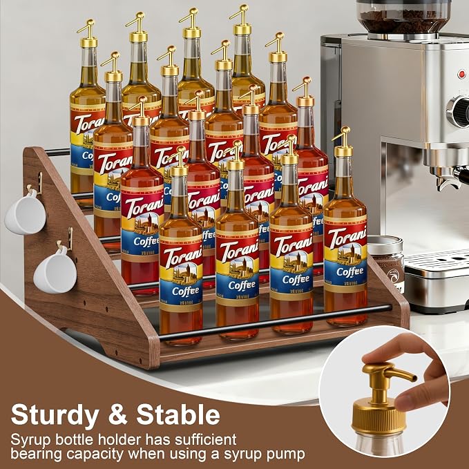 Coffee Syrup Organizer, 4-Tier Solid Wood Syrup Rack, Wine Rack, Storage Organizer for 16 Syrup Bottles/Spice Jars/Liquor Bottles, Sturdy Storage Stand for Coffee Bar