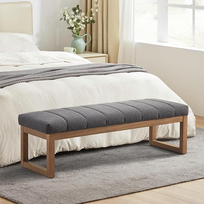 Zihanhome 52.7" Bedroom Bench for End of Bed, Modern Upholstered Teddy Fabric Entryway Bench & Dining Bench, Footrest Stool Bench with Solid Wood Frame for Bedroom, Living Room (Grey)