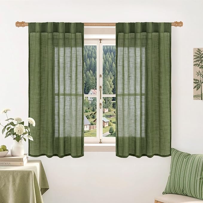 LAMIT Semi Sheer Linen Curtains 48 Inch Length 2 Panels Set, Olive Green Short Light Filtering Panels Back Tab and Rod Pocket Christmas Window Drapes for Kitchen/Bathroom/Windows, 34 x 48 Inch
