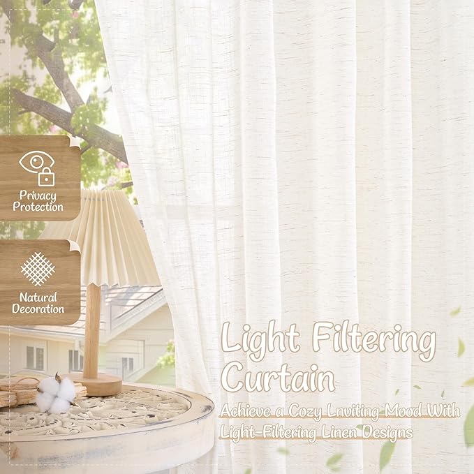 LAMIT 40 Inch Sheer Linen Curtains for Kitchen Windows Over Sink, Cream Ivory Light Filtering Drapes Back Tab and Rod Pocket Neutral Panels for Bathroom/Cafe/Basement, 2 Panels, 34 x 40 Inch