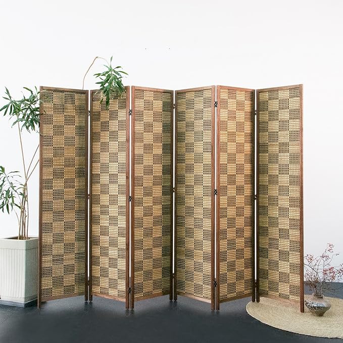 Furnnylane 6 Panel Bamboo Room Divider – 5.6 ft Tall Double-Sided Folding Privacy Screen, Freestanding Wall Partition for Home Office & Bedroom, Caramel Woven Texture, Easy Setup (67" H x 94.5" W)