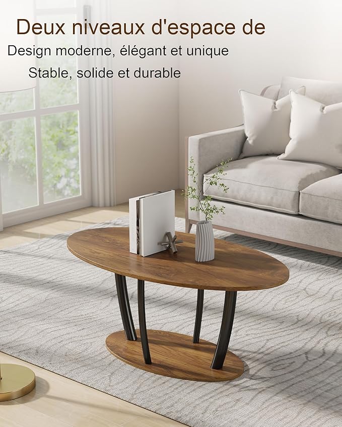 Manora Rustic Small Oval Coffee Table for Living Room, Narrow Wood Center Table with Shelf, Retro Style Coffee Table with Curved Metal Legs, Stable and Easy Assembly, Rusric Brown