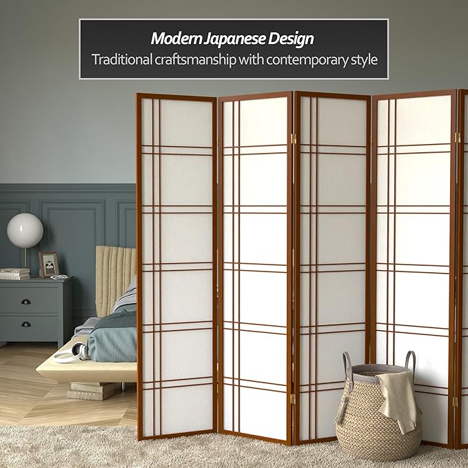 Red Lantern 6 ft. Tall Double Cross Shoji Screen - Walnut - 6 Panels