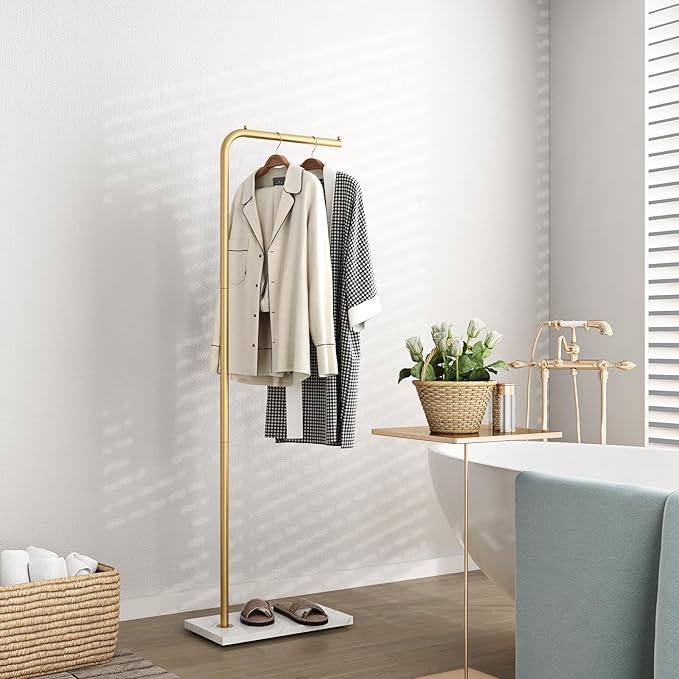 Metal Gold Coat Racks, Standing Coat Rack with Heavy Base, Modern Coat Tree with Crossbar and 3 Hooks, Entryway Coat Racks for Handbags, Clothing.(59inch)